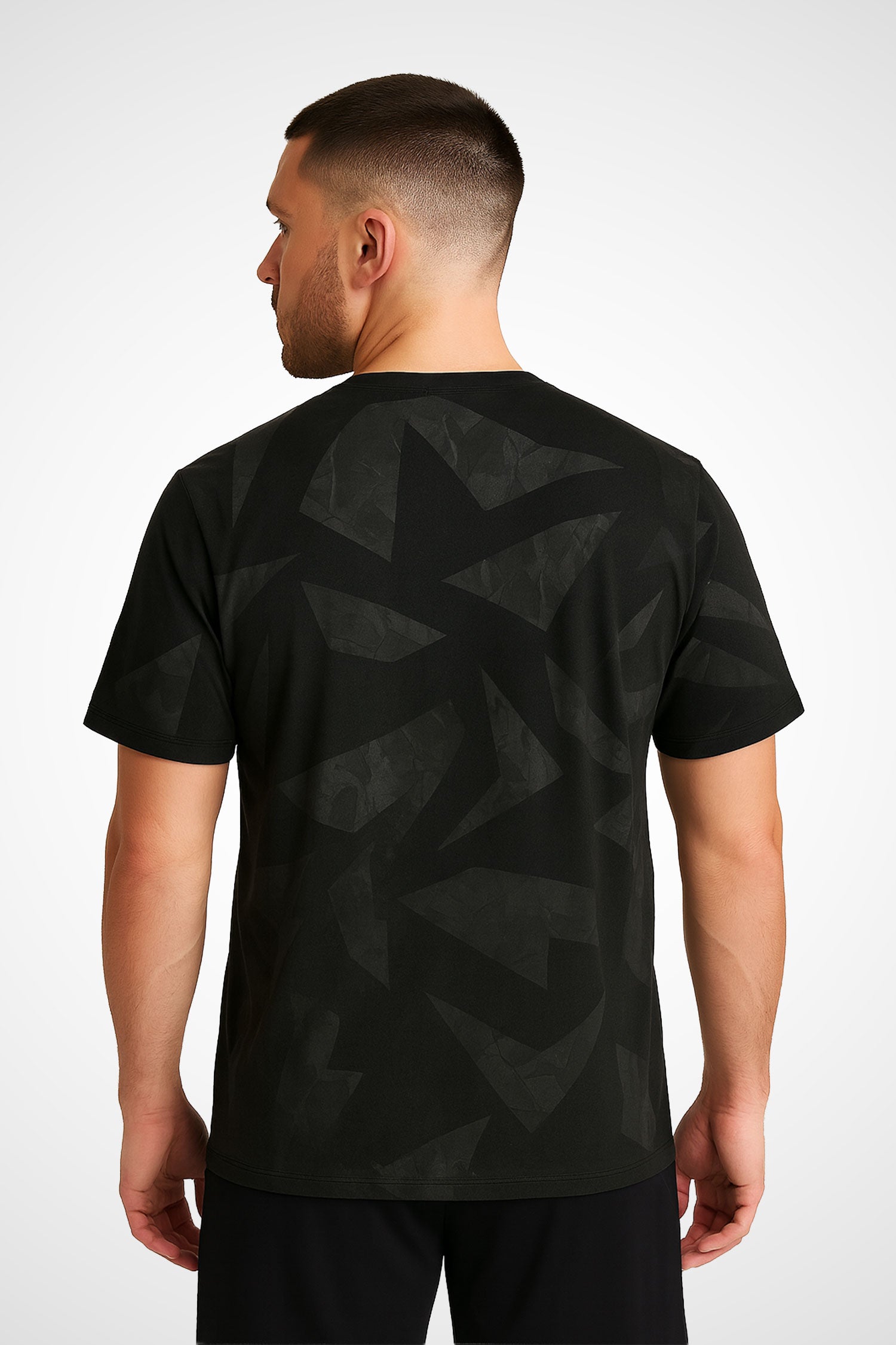 Mens Gymplode Obsidian regular fit gym t-shirt with no print, back view with model