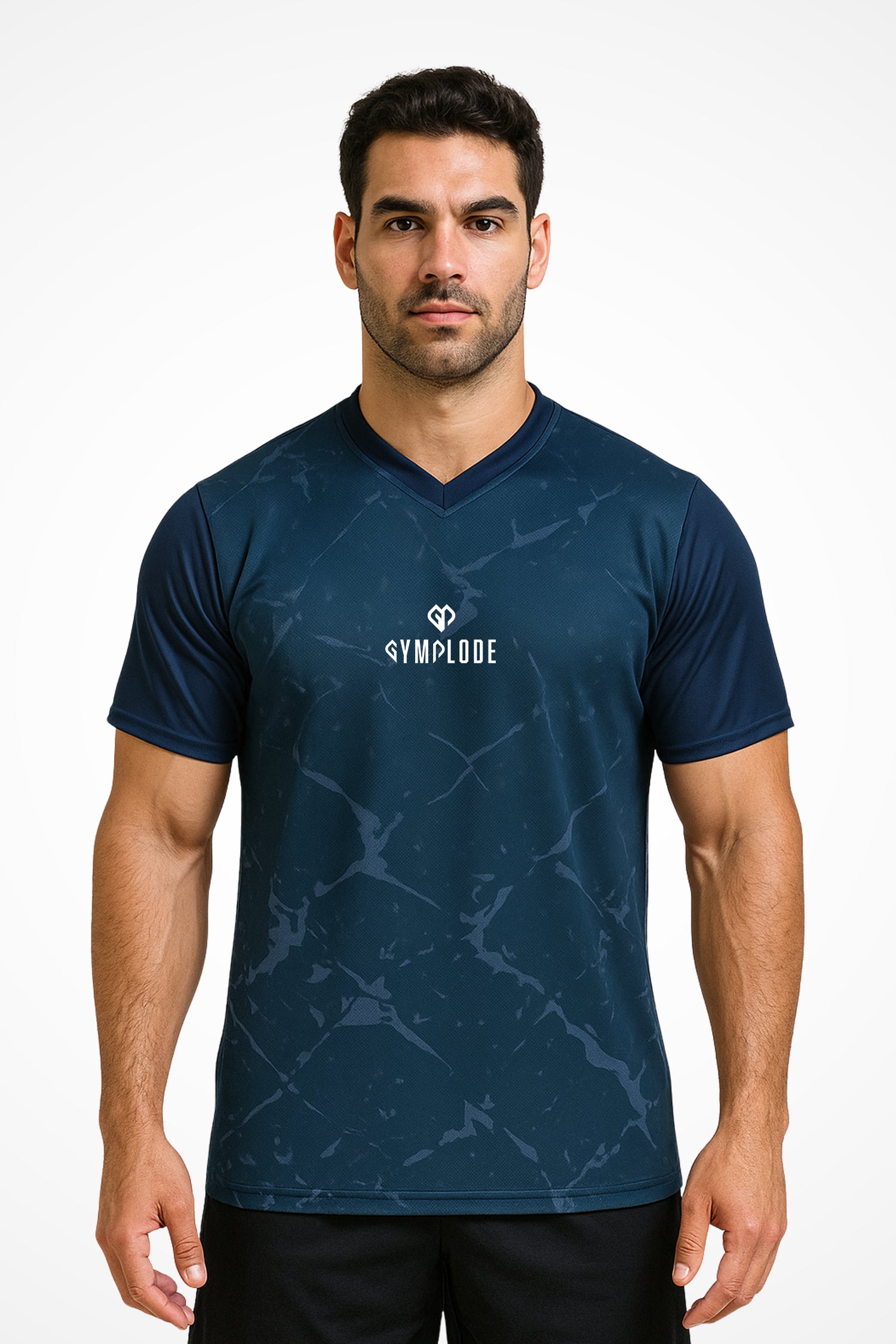 Mens Onyx v-neck dry-fit t-shirt with Gymplode dual mark imprint, front view with model