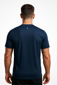 Mens Onyx v-neck dry-fit t-shirt with Gymplode icon logo, back view with model