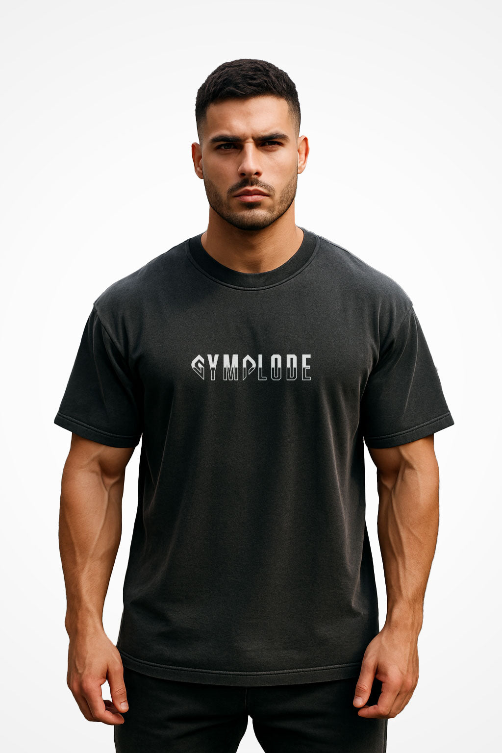 Mens Oversized Faded Streetwear t-shirt with Gymplode signature logo, front view with model
