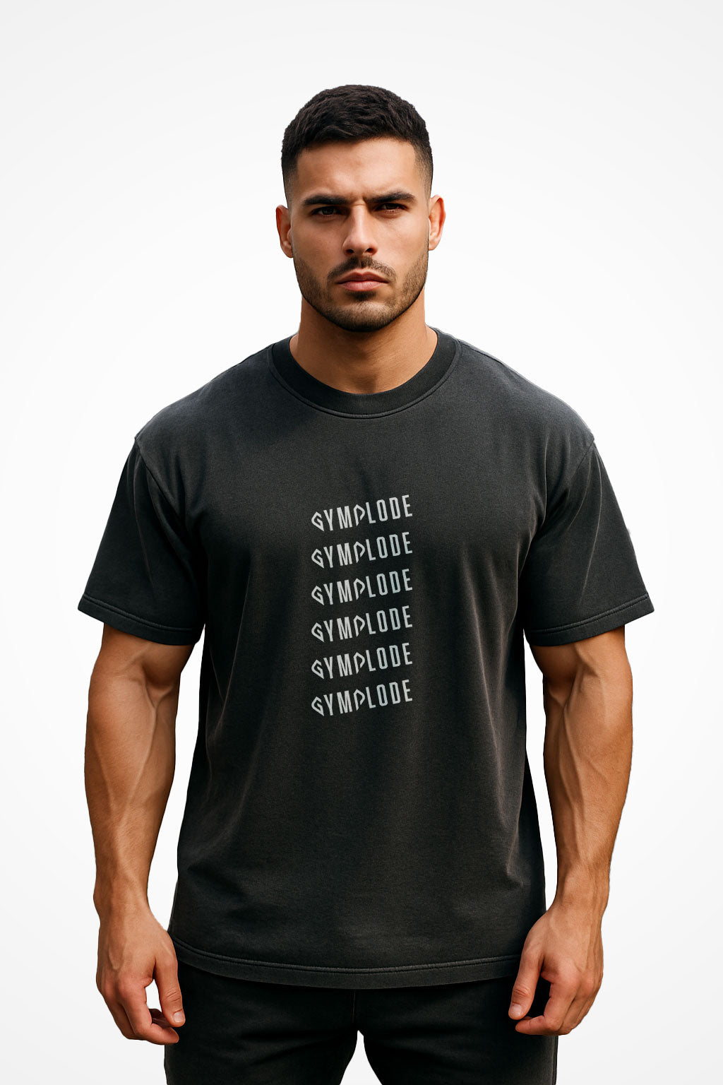 Mens Oversized Faded Gymplode t-shirt with stacked logo, front view with model
