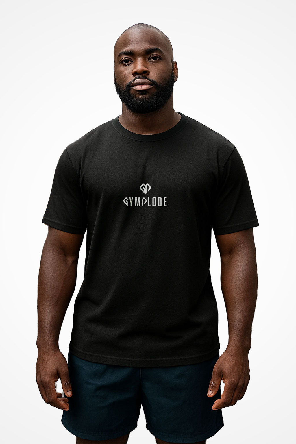 Mens Push The Limits sports t-shirt with Gymplode dual mark, front view with model