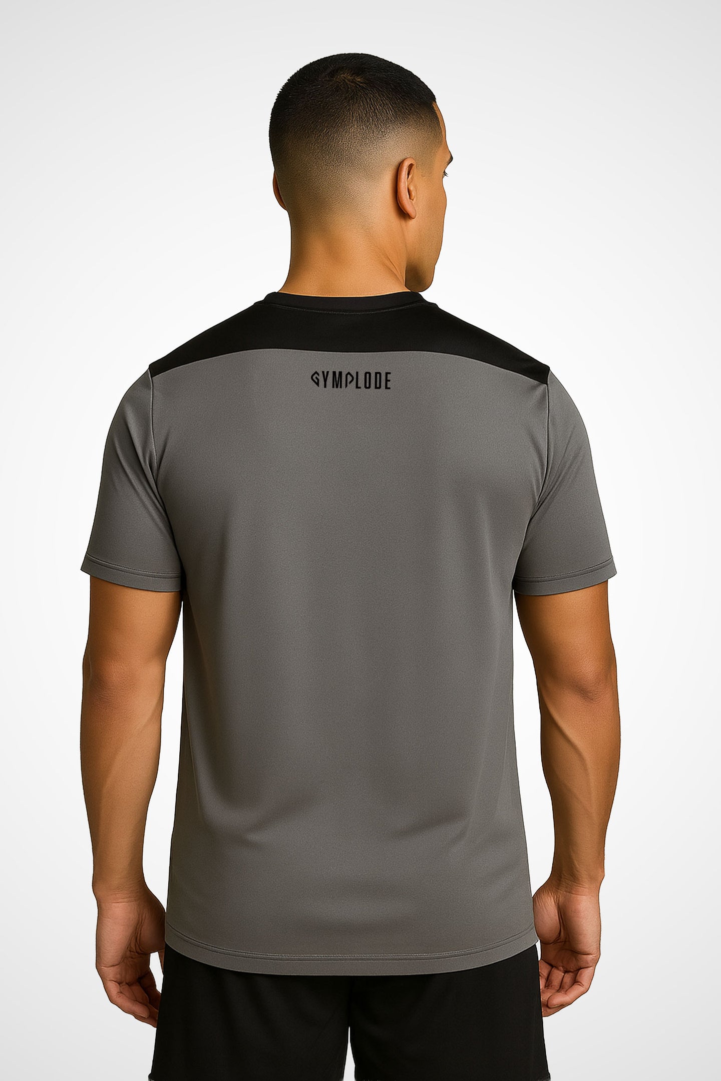 Mens Titan regular fit workout t-shirt with Gymplode signature logo, back view with model