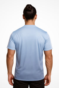 Mens Gymplode TriLine Bi-Blue v-neck sports t-shirt with no print back view with model