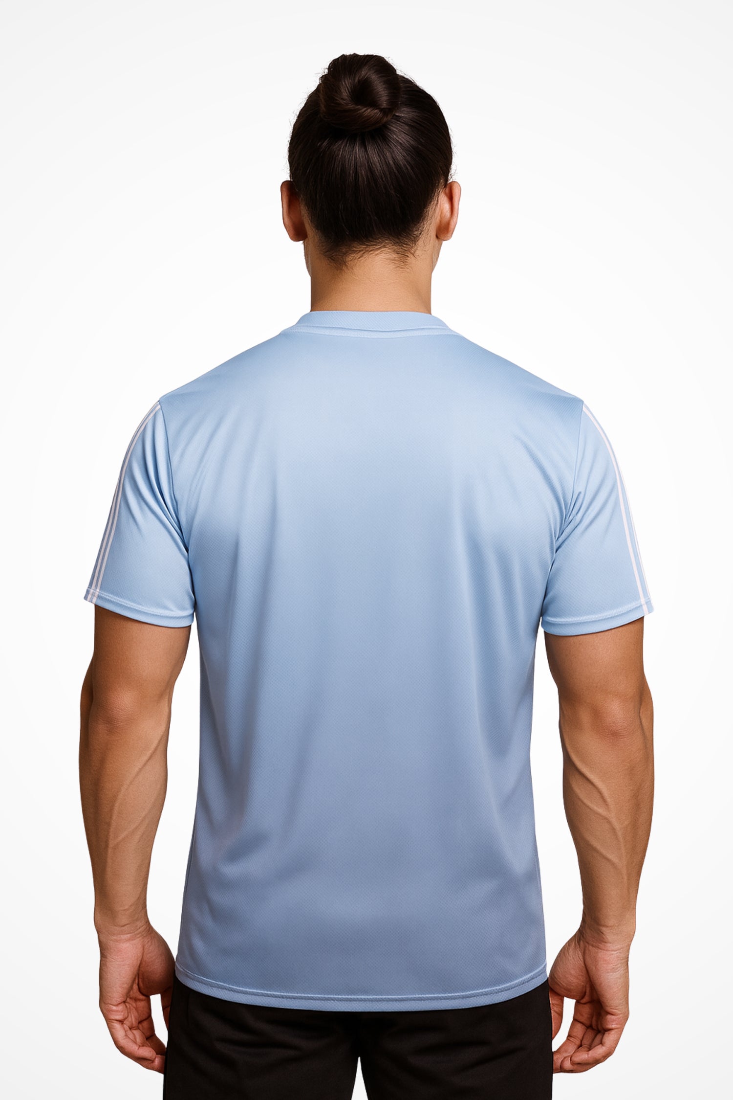 Mens Gymplode TriLine Bi-Blue v-neck sports t-shirt with no print back view with model