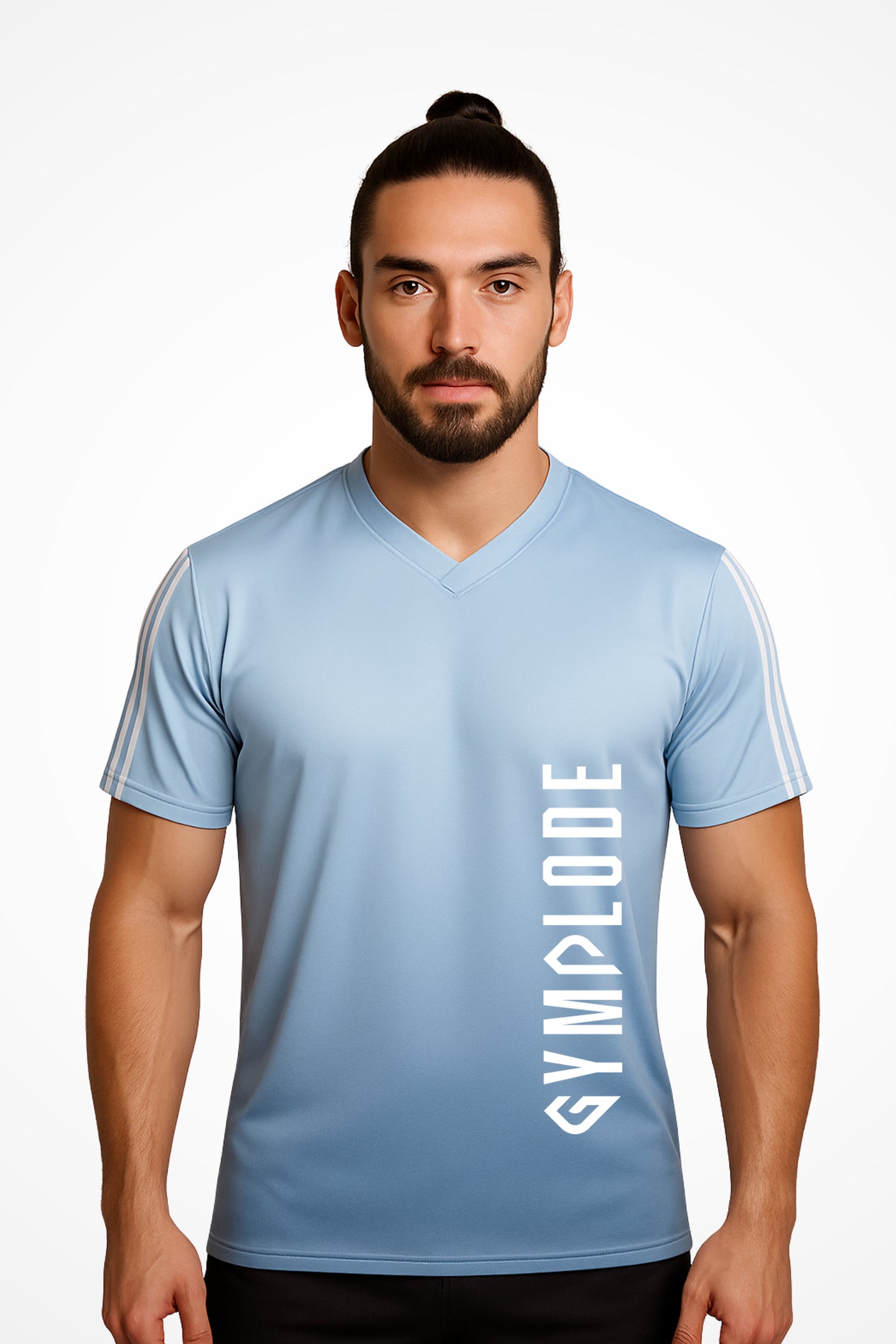 Mens TriLine Bi-Blue v-neck sports t-shirt with Gymplode signature logo, front view with model