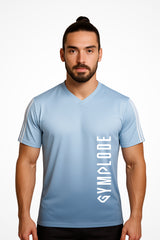Mens TriLine Bi-Blue v-neck sports t-shirt with Gymplode signature logo, front view with model