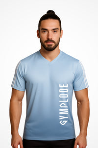 Mens TriLine Bi-Blue v-neck sports t-shirt with Gymplode signature logo, front view with model