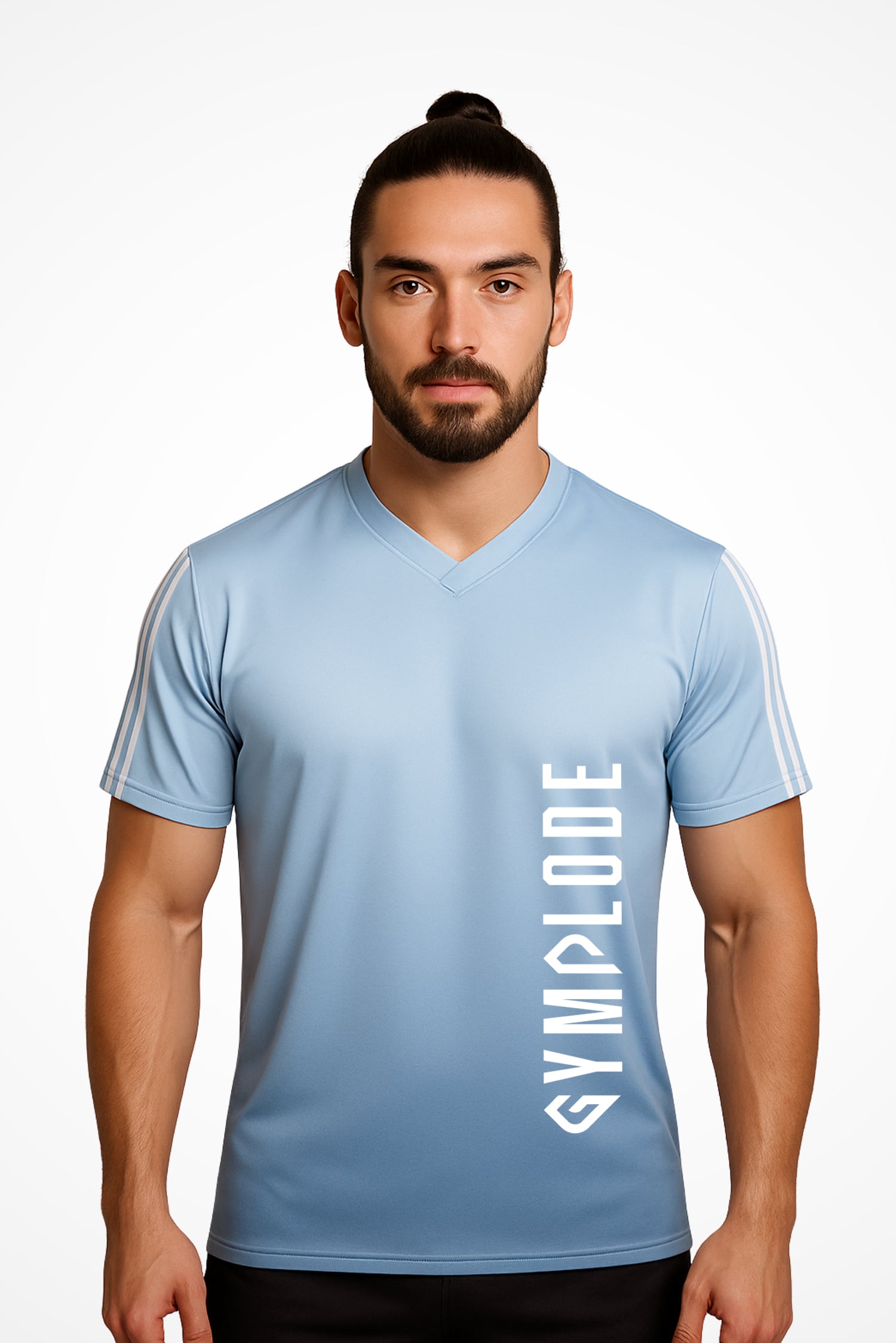 Mens TriLine Bi-Blue v-neck sports t-shirt with Gymplode signature logo, front view with model