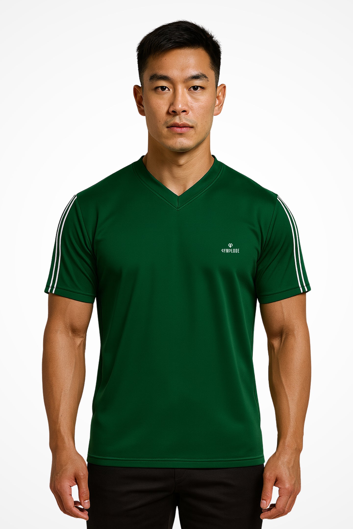 Mens TriLine Sage v-neck sports t-shirt with Gymplode dual mark imprint, front view with model