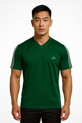 Mens TriLine Sage v-neck sports t-shirt with Gymplode dual mark imprint, front view with model