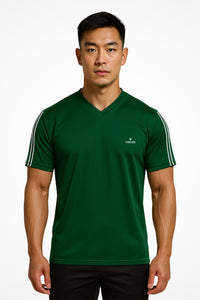 Mens TriLine Sage v-neck sports t-shirt with Gymplode dual mark imprint, front view with model