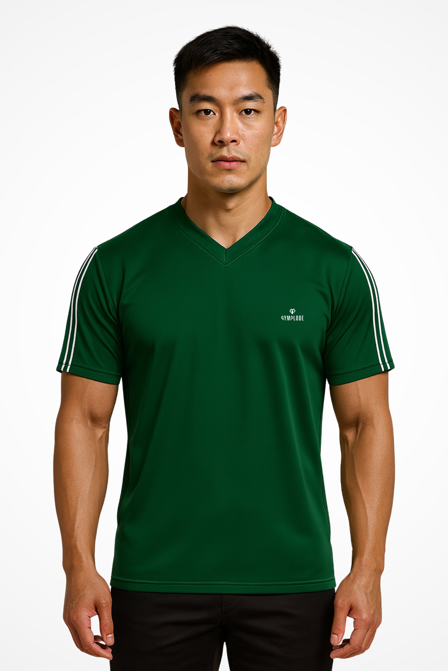 Mens TriLine Sage v-neck sports t-shirt with Gymplode dual mark imprint, front view with model