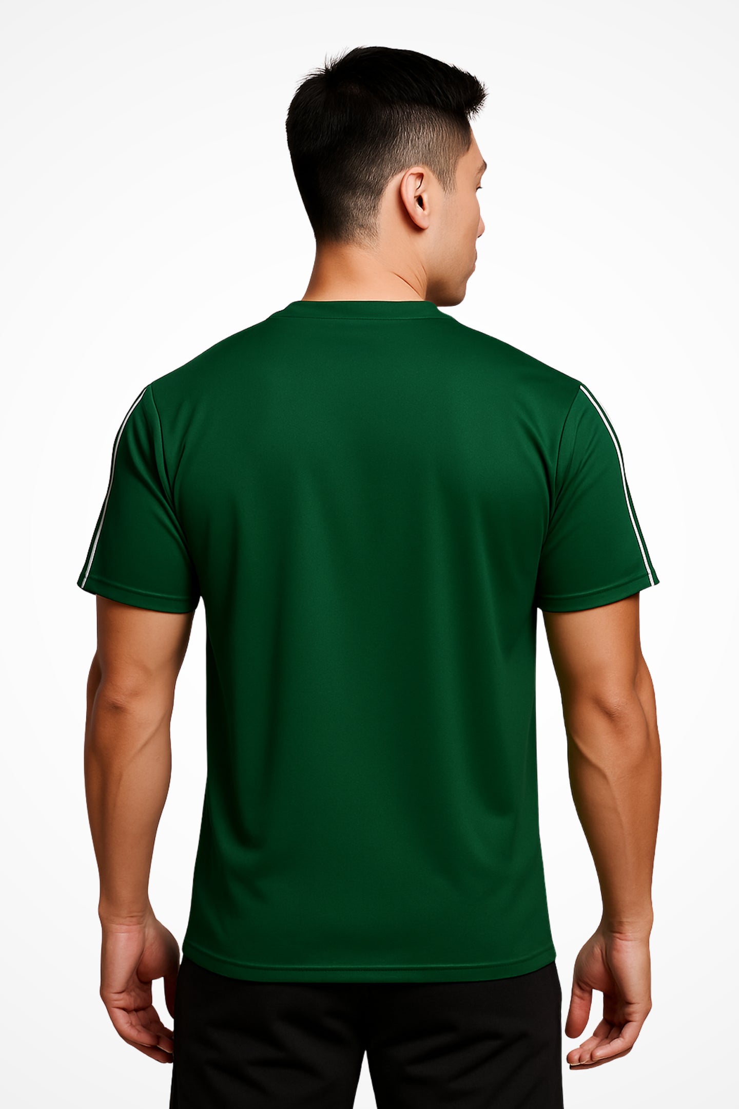 Mens Gymplode TriLine Sage v-neck sports t-shirt with no print, back view with model