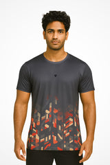 Mens VibeCut comfort fit workout t-shirt with Gymplode icon logo, front view with model