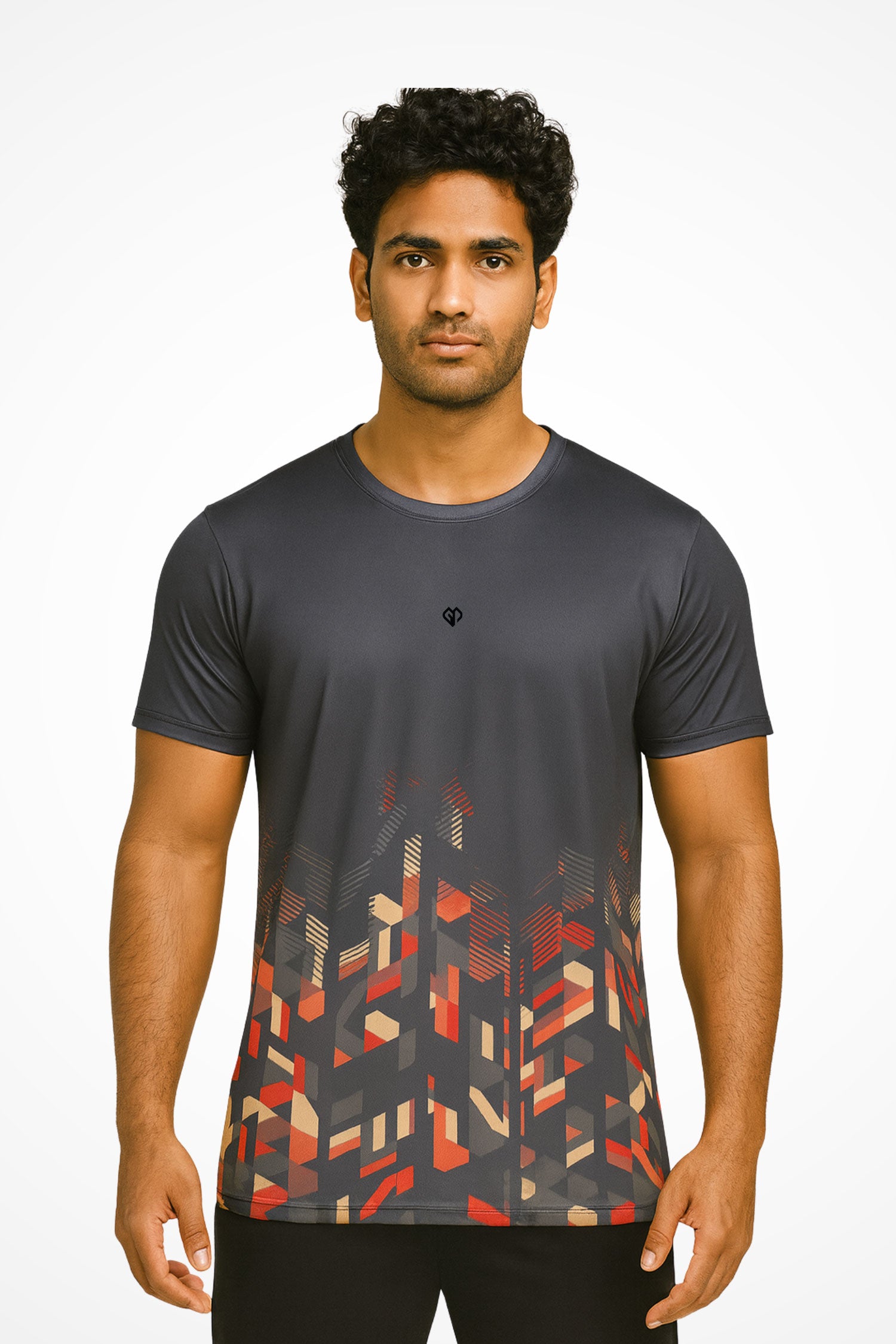 Mens VibeCut comfort fit workout t-shirt with Gymplode icon logo, front view with model