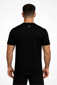 Mens Zest V-Neck activewear t-shirt with Gymplode icon logo, back view with model