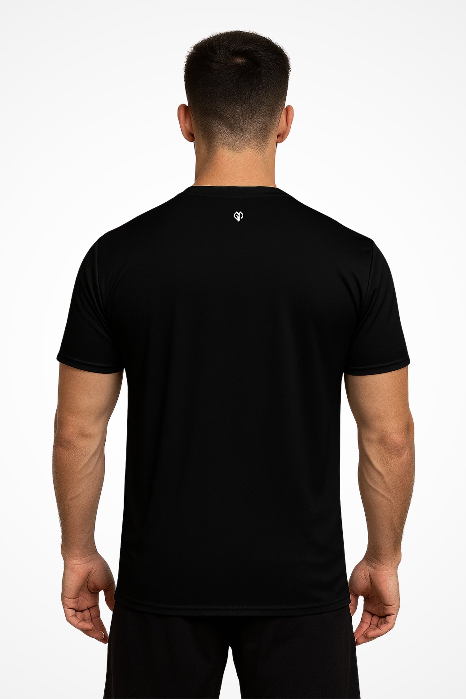 Mens Zest V-Neck activewear t-shirt with Gymplode icon logo, back view with model