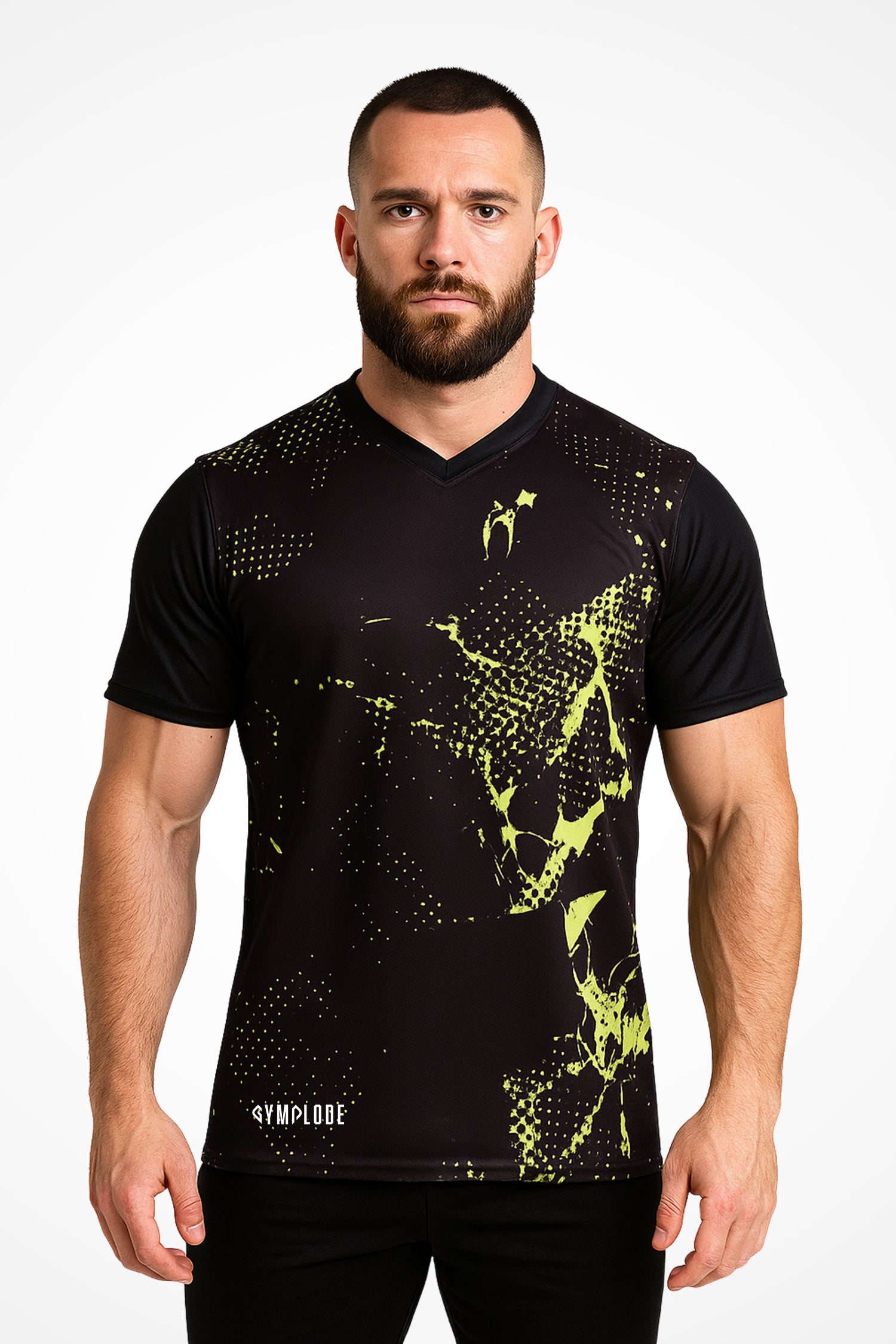 Mens Zest V-Neck activewear t-shirt with Gymplode signature logo, front view with model