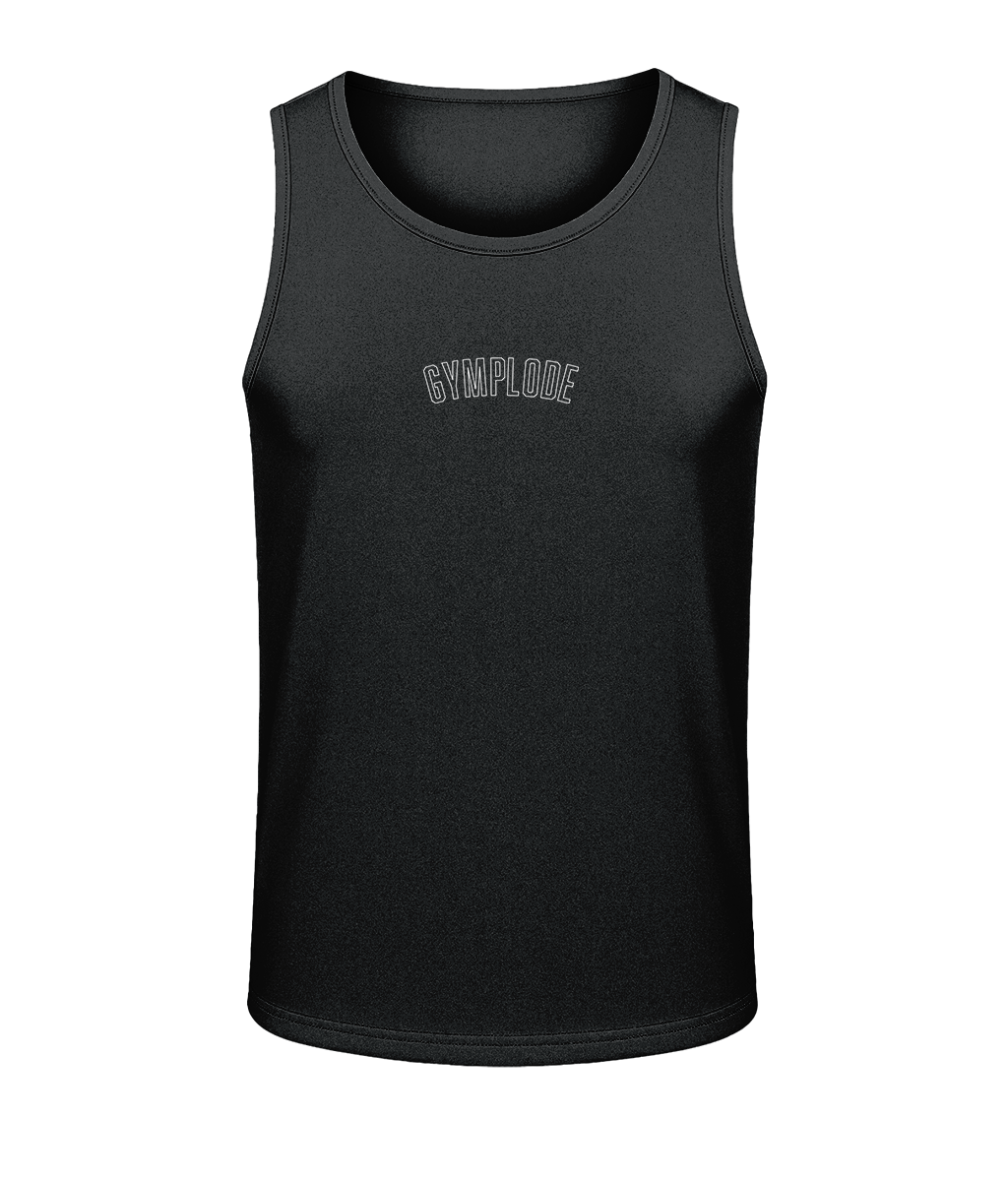 Mens jet black AWDis TraceFit activewear vest with Gymplode signature logo