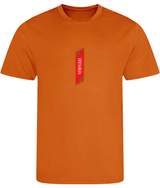 Mens Just Cool muscle fit electric orange Gymplode t-shirt with signature logo, front view