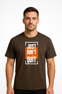 Mens Just Don't Quit relaxed fit t-shirt with Gymplode iconic imprint, front view with model