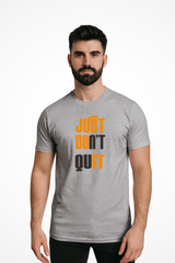 Mens Just Dont Quit slim fit Gymplode t-shirt with icon logo, front view with model