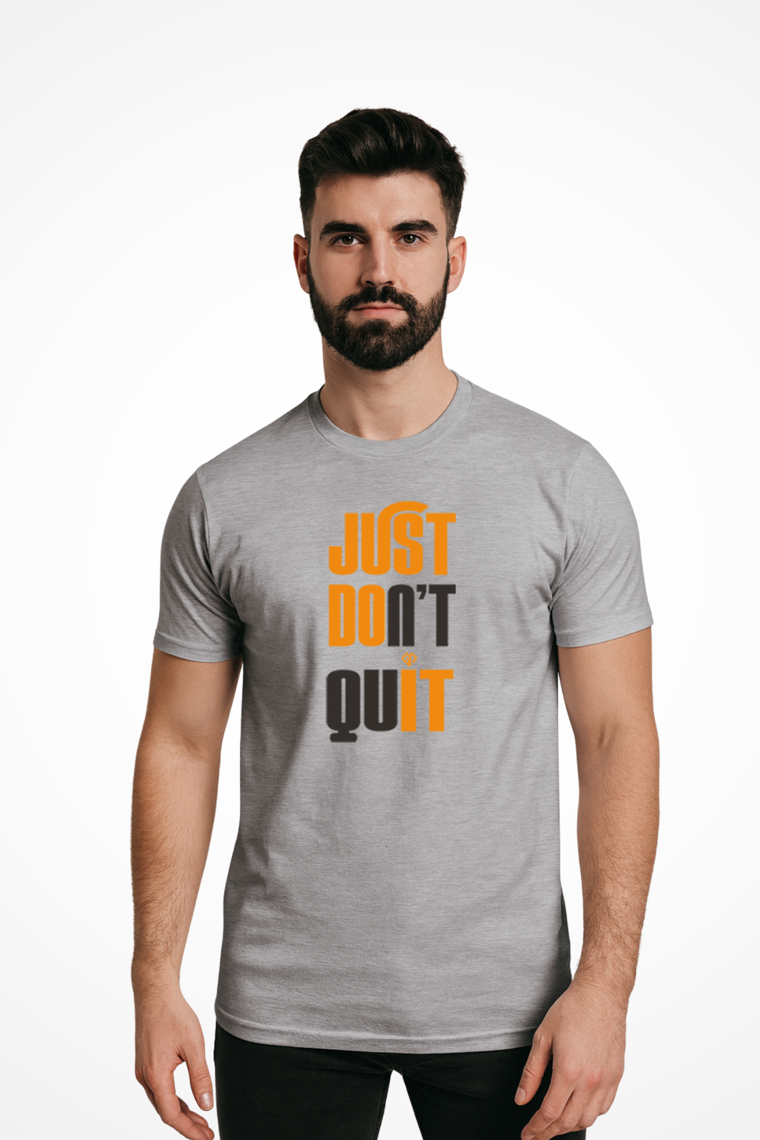 Mens Just Dont Quit slim fit Gymplode t-shirt with icon logo, front view with model