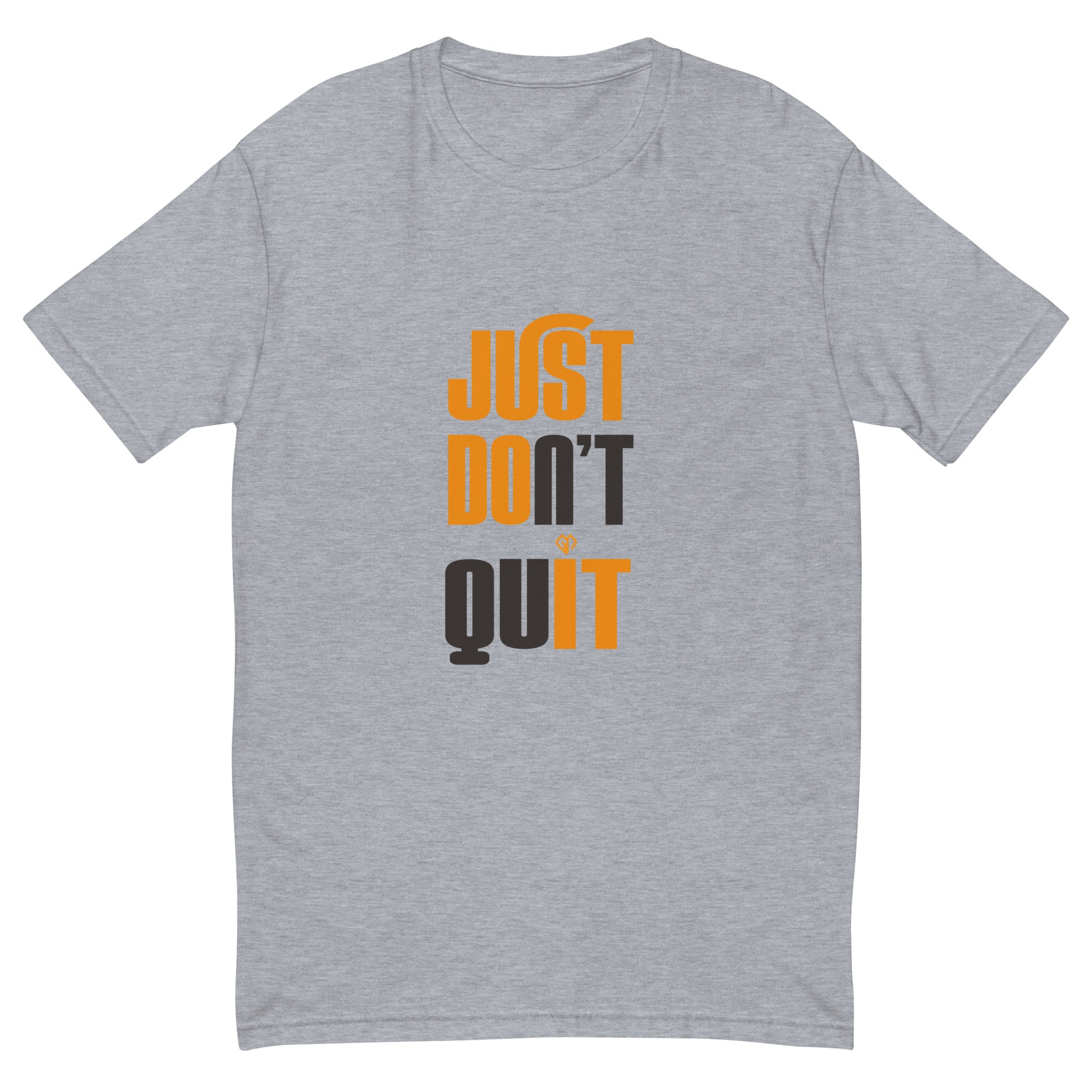 Mens Just Dont Quit slim fit heather grey Gymplode t-shirt with icon logo, front view