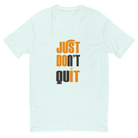 Mens Just Dont Quit slim fit light blue Gymplode t-shirt with icon logo, front view