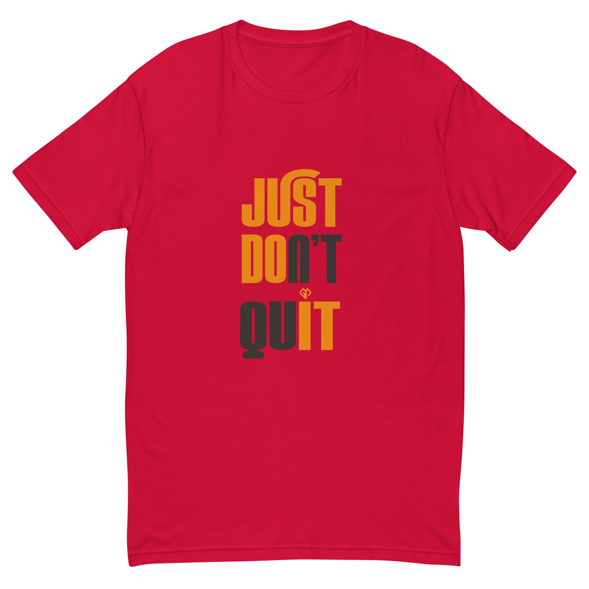 Mens Just Dont Quit slim fit red Gymplode t-shirt with icon logo, front view