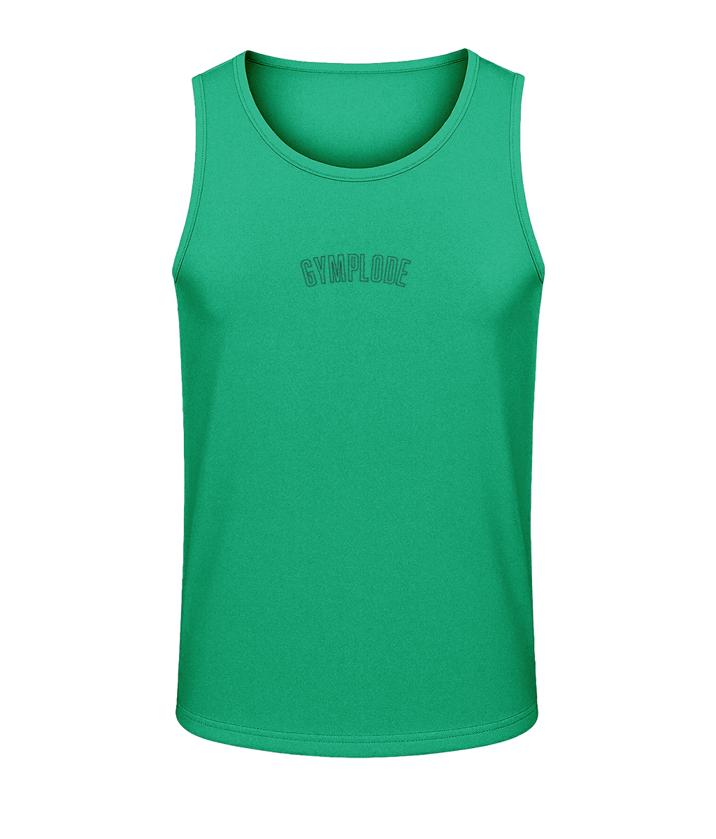 Mens kelly green AWDis TraceFit activewear vest with Gymplode signature logo