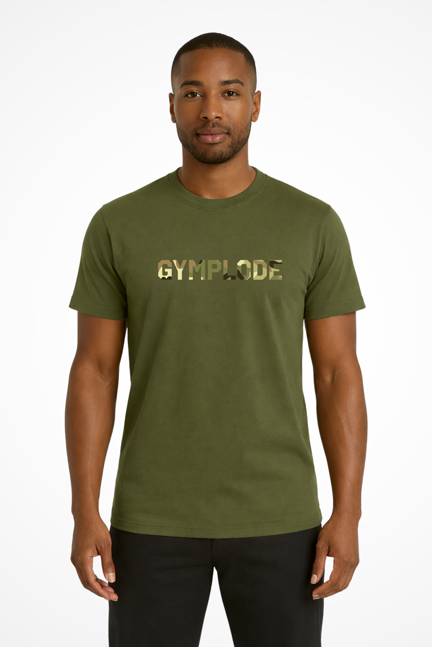 Mens Military Style t-shirt with Gymplode signature logo imprint, front view with model