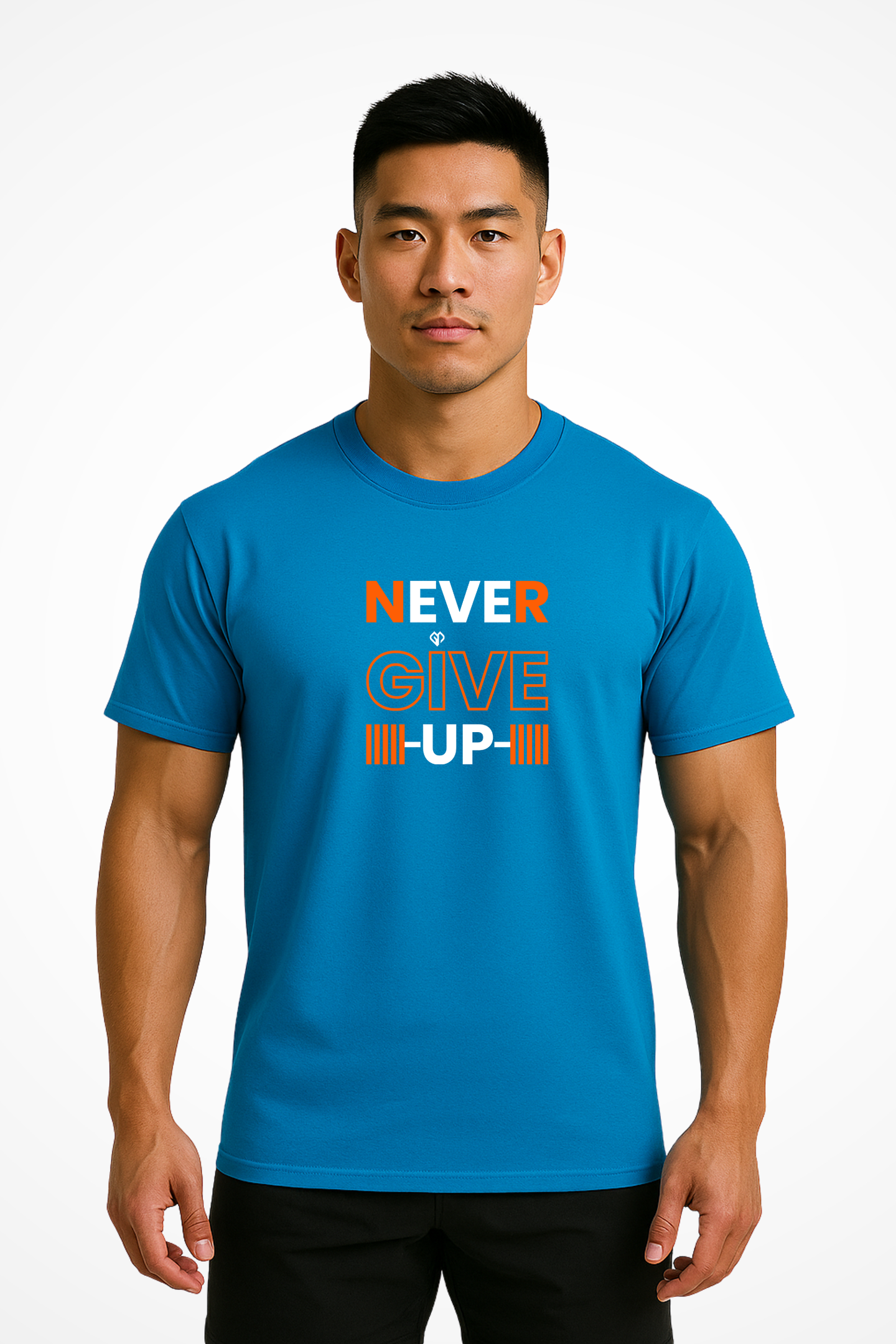 Mens Never Give Up t-shirt with Gymplode icon logo print, front view with model