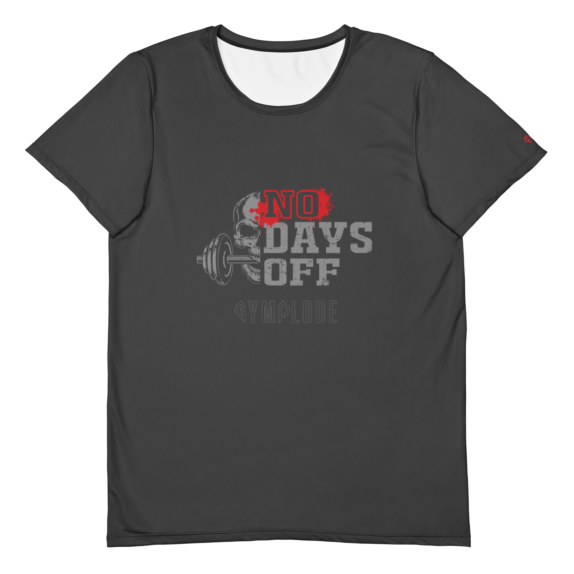 Mens No Days Off comfort fit dark grey Gymplode streetwear t-shirt with signature logo, front view