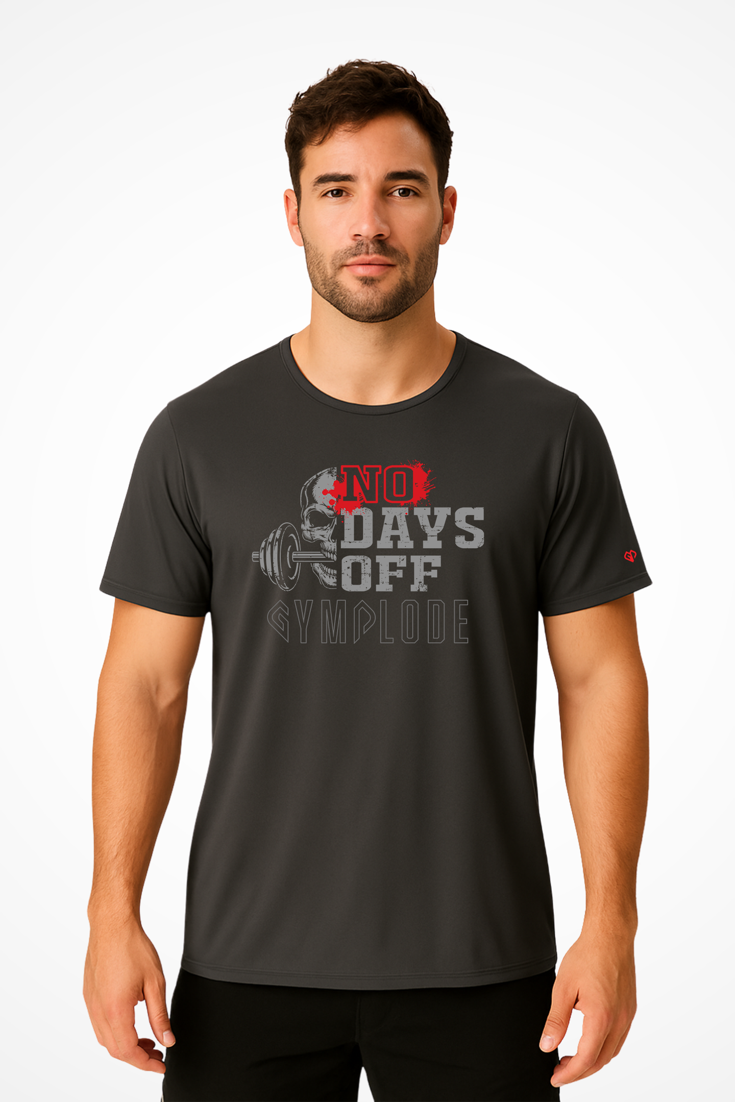 Mens No Days Off comfort fit Gymplode streetwear t-shirt with signature logo, front view with model