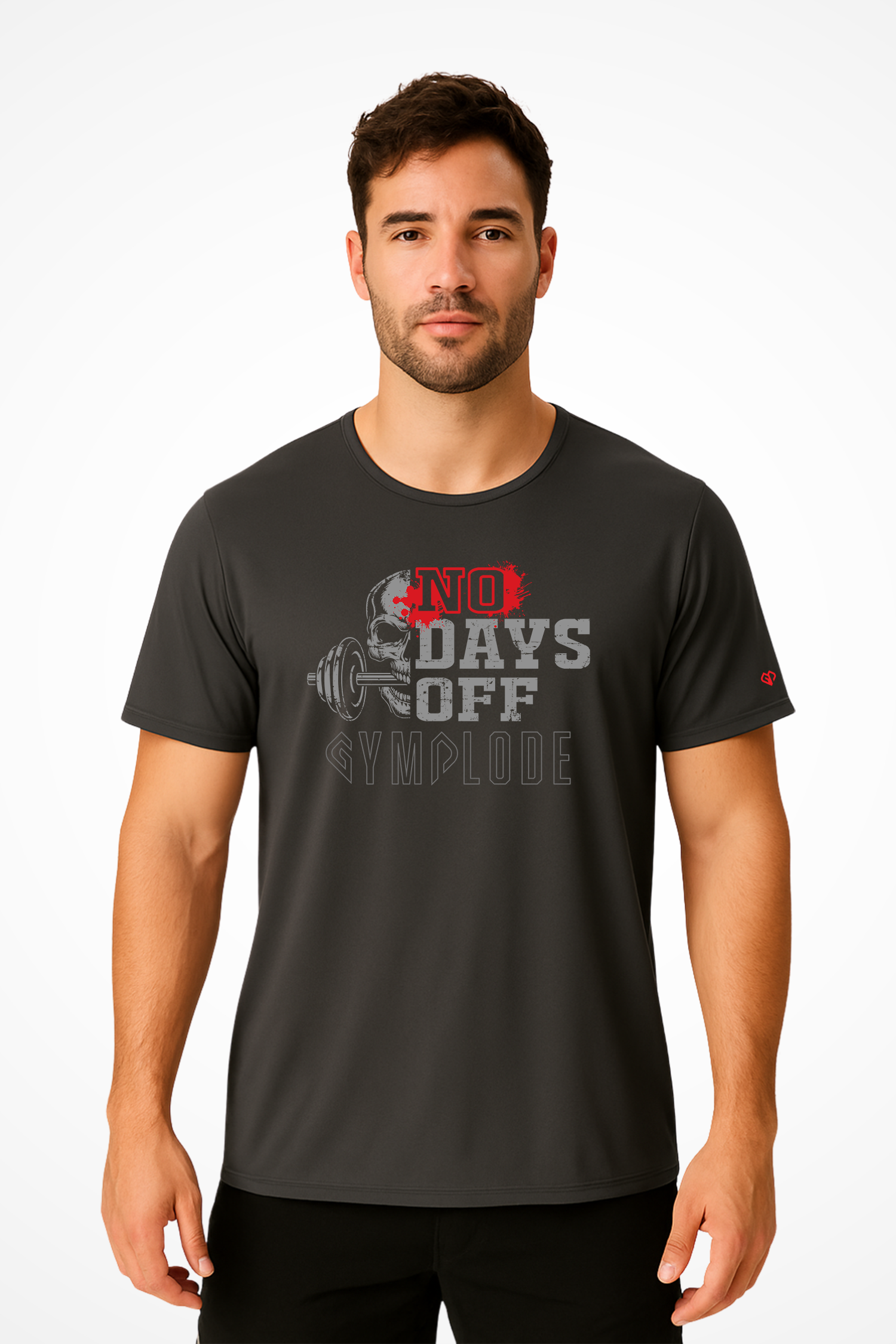 Mens No Days Off comfort fit Gymplode streetwear t-shirt with signature logo, front view with model
