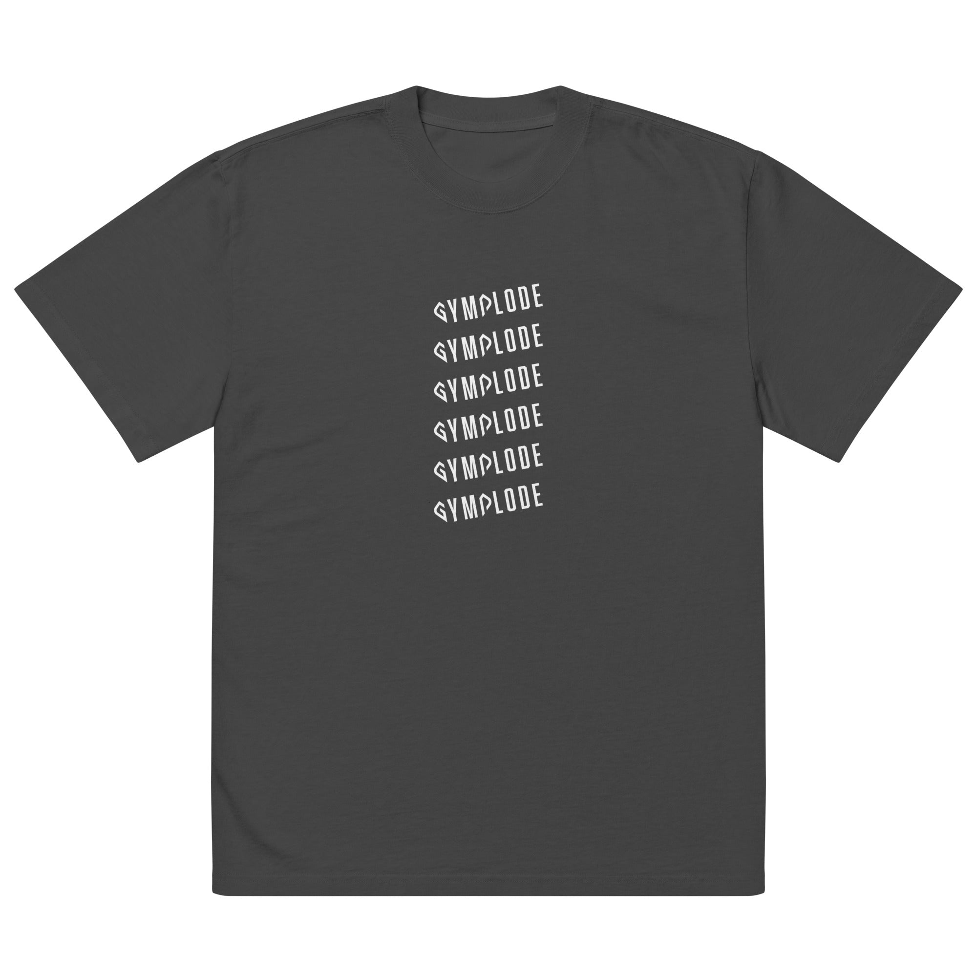 Mens Oversized Faded black Gymplode t-shirt with stacked logo, front view