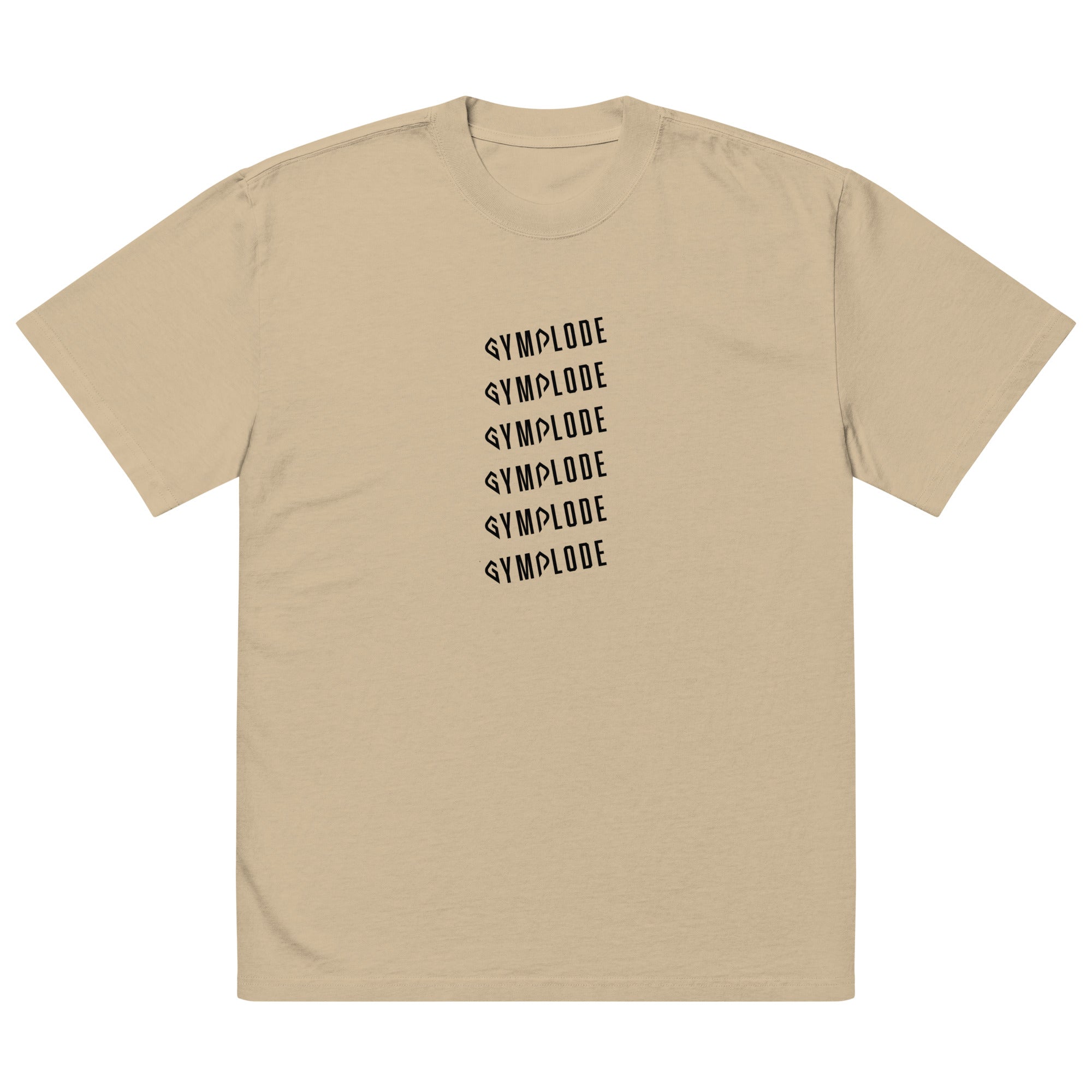 Mens Oversized Faded khaki Gymplode t-shirt with stacked logo, front view