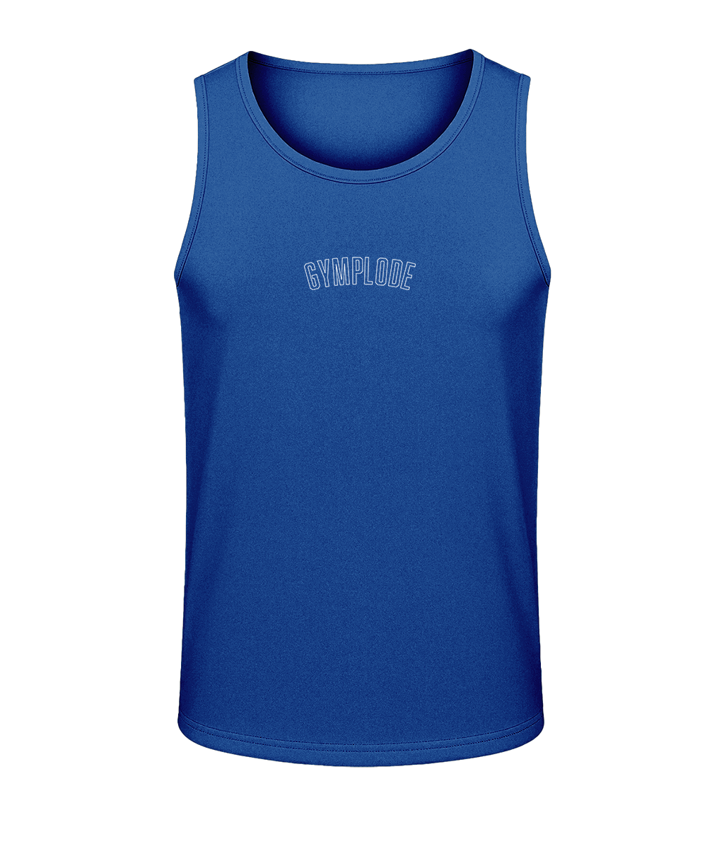 Mens royal blue AWDis TraceFit activewear vest with Gymplode signature logo