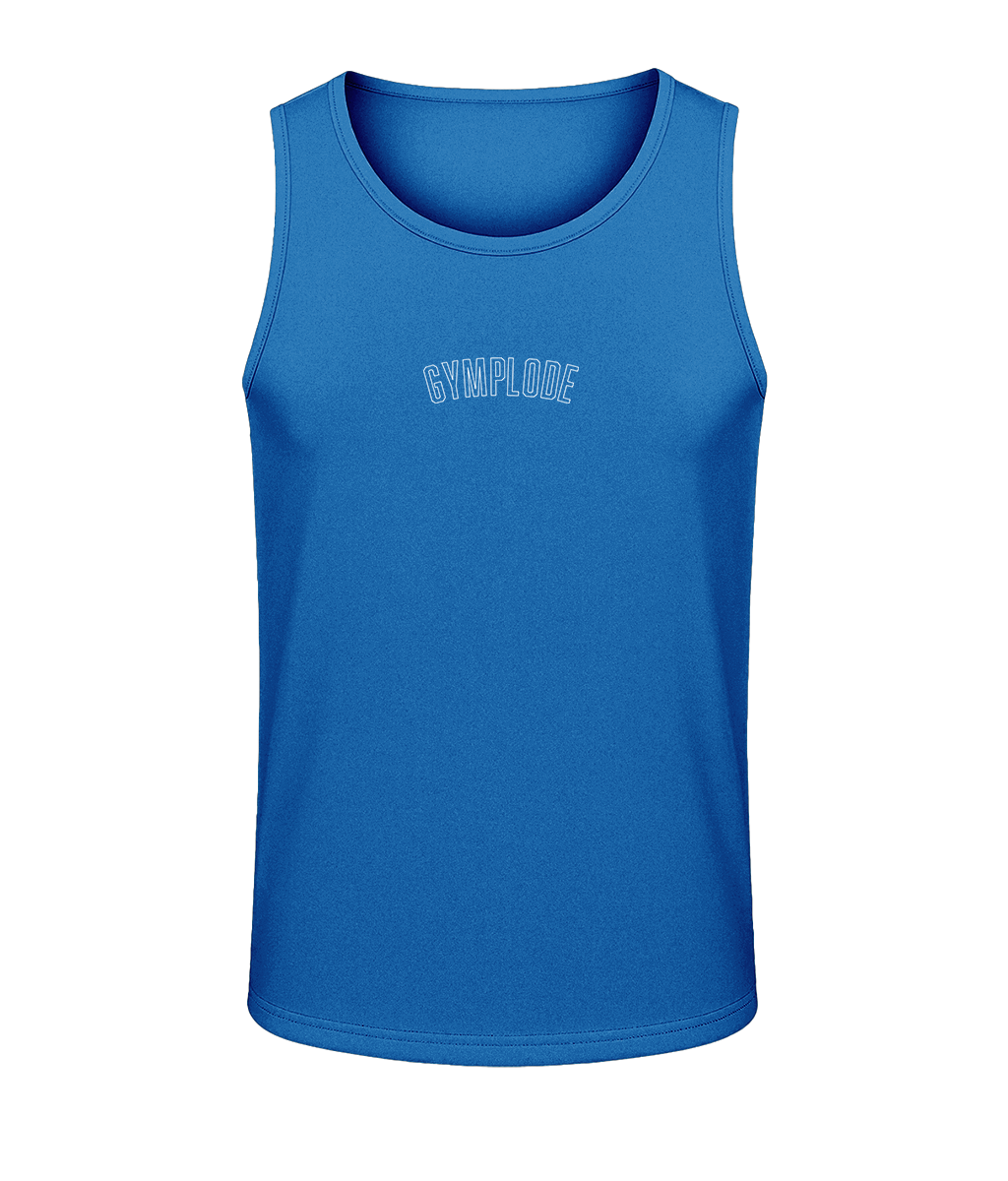 Mens sapphire blue AWDis TraceFit activewear vest with Gymplode signature logo