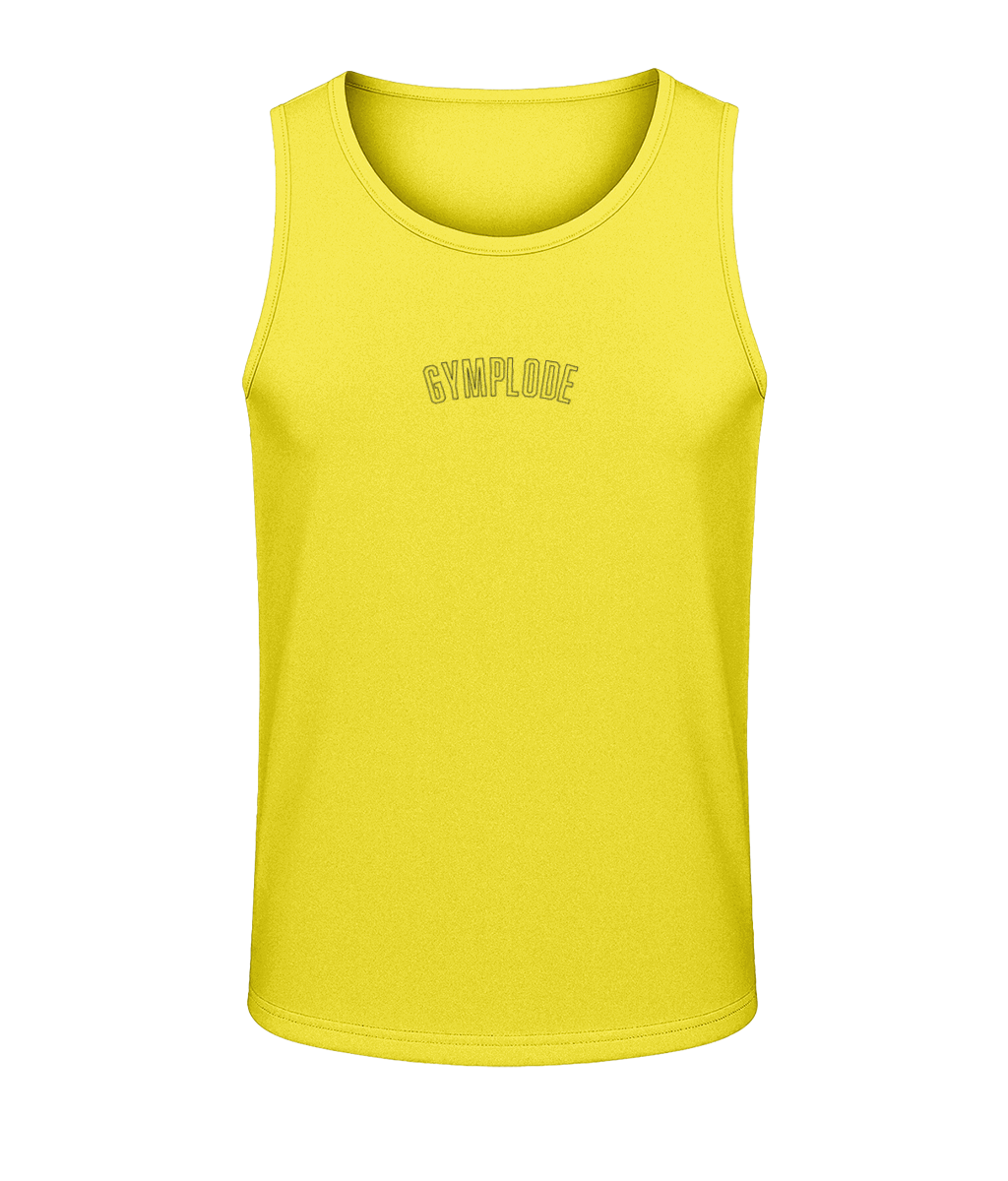 Mens sun yellow AWDis TraceFit activewear vest with Gymplode signature logo