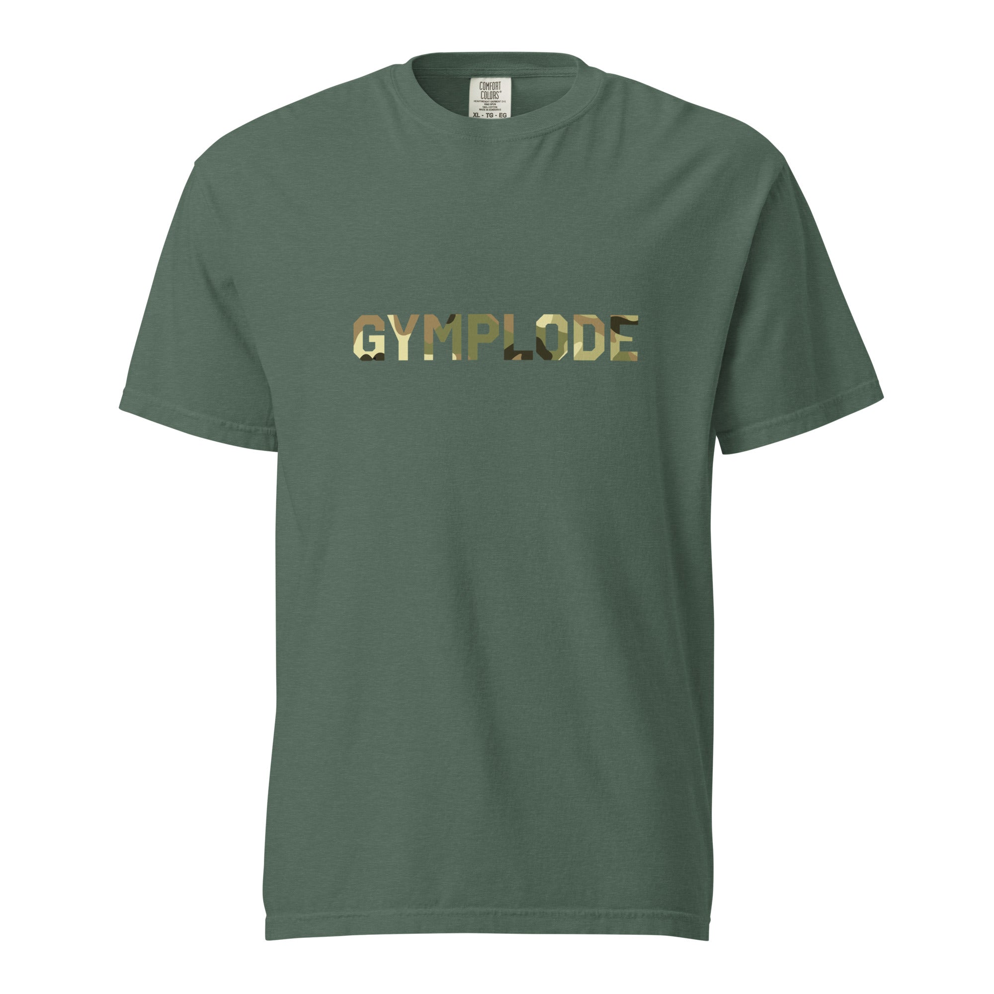Military Style unisex blue spruce Gymplode t-shirt with signature logo imprint, front view