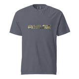 Military Style unisex denim Gymplode t-shirt with signature logo imprint, front view