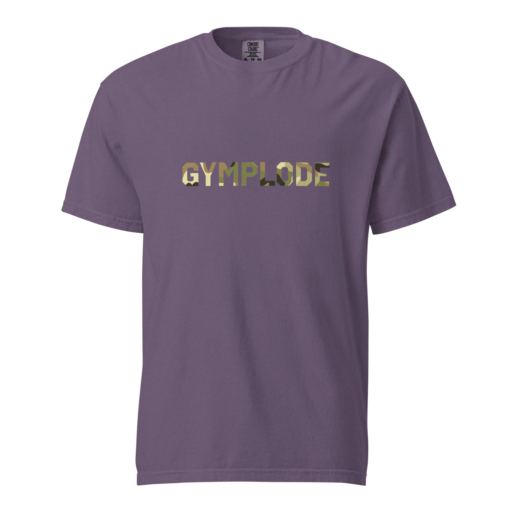 Military Style unisex grape Gymplode t-shirt with signature logo imprint, front view