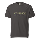 Military Style unisex graphite Gymplode t-shirt with signature logo imprint, front view