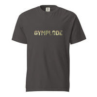 Military Style unisex graphite Gymplode t-shirt with signature logo imprint, front view