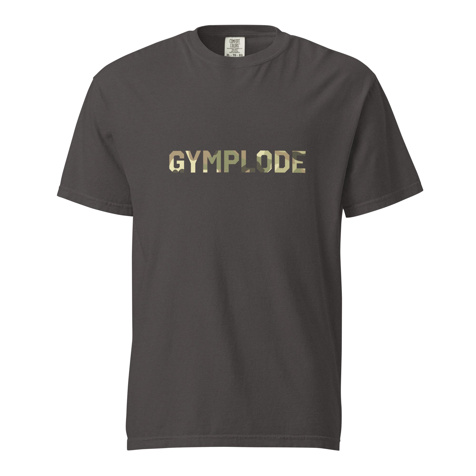 Military Style unisex graphite Gymplode t-shirt with signature logo imprint, front view