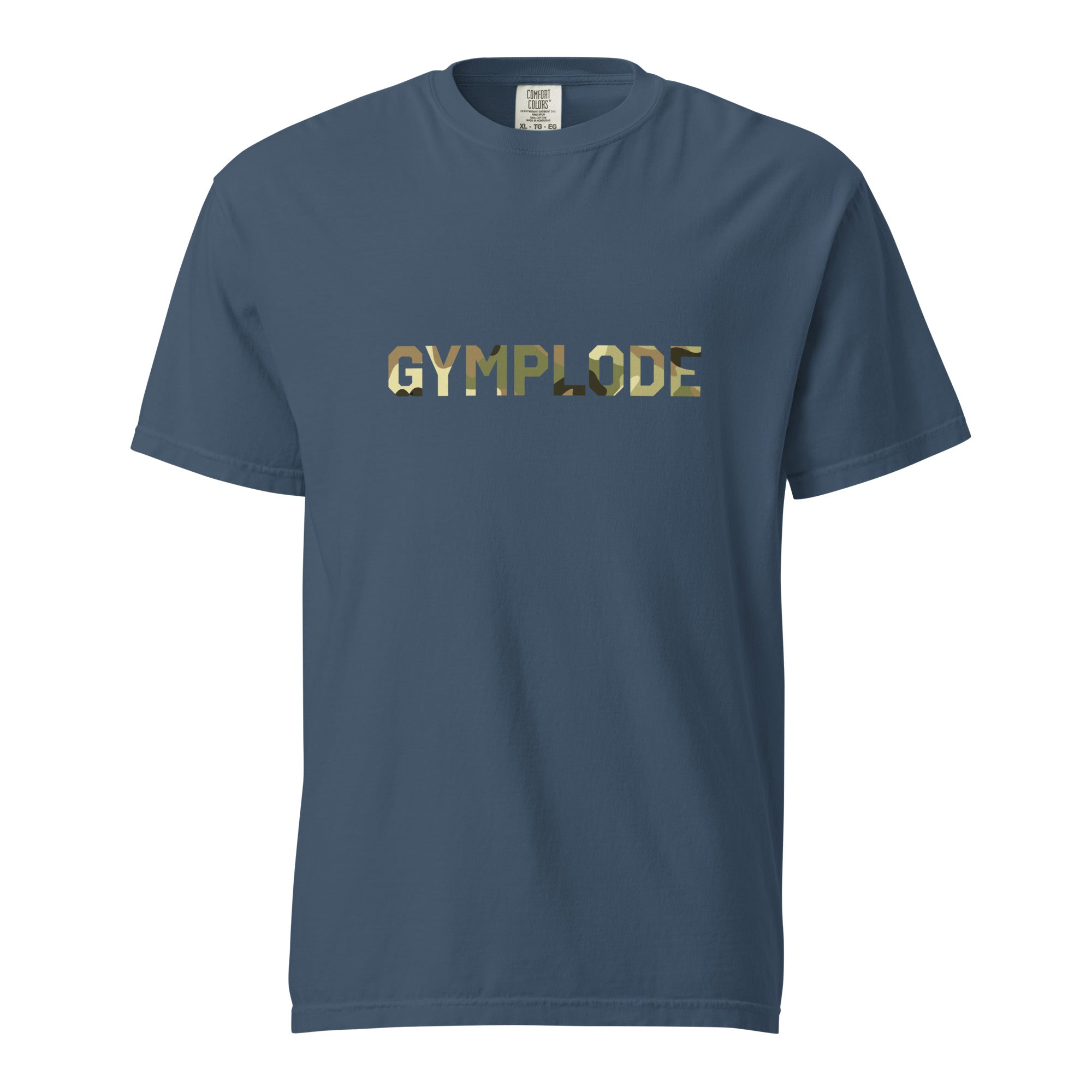 Military Style unisex midnight Gymplode t-shirt with signature logo imprint, front view