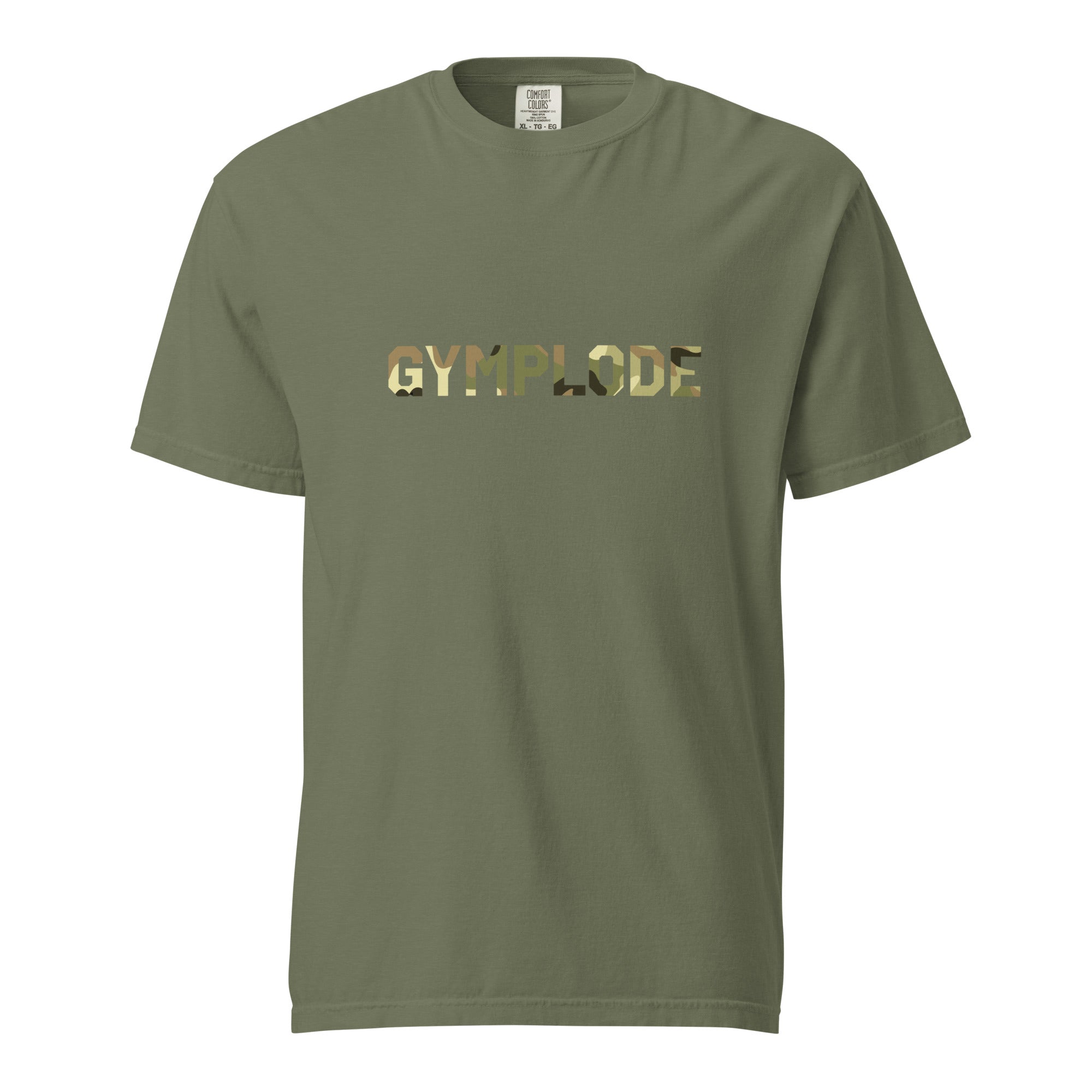 Military Style unisex moss Gymplode t-shirt with signature logo imprint, front view